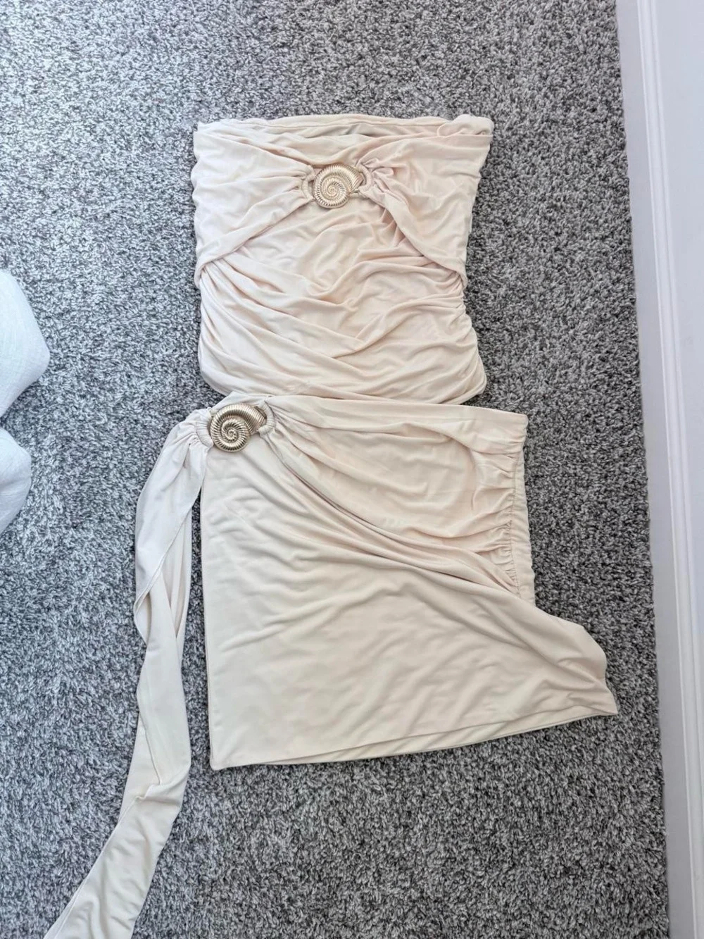 These Three Boutique Strapless Ruched Mini Dress Top & Skirt Set in Cream